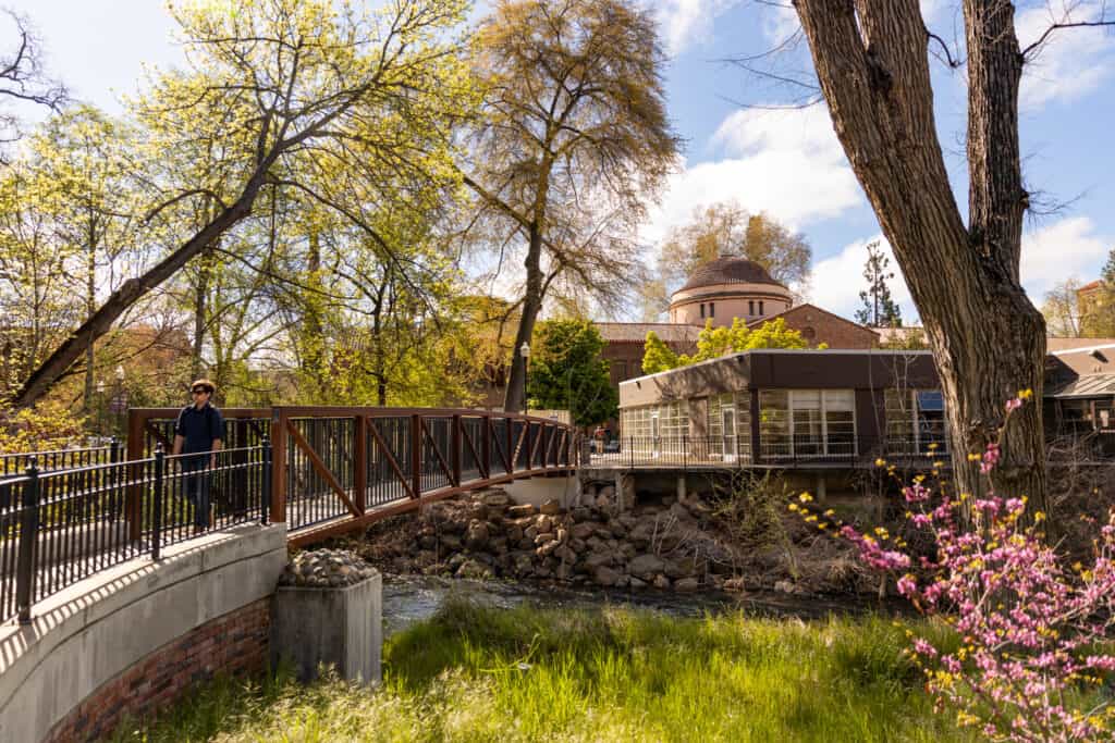 A man walking across a pedestrian bridge in early spring for a weekend getaway