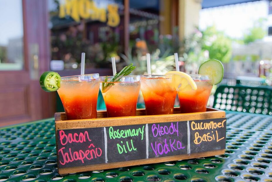 A flight of drinks featuring four different types of Bloody Marys at Mom's Restaurant in Chico, California