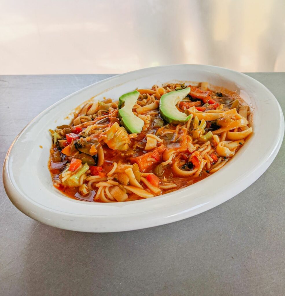 Close-up of a bowl of the Rasta Pasta at Sipho's Jamaica Restaurant