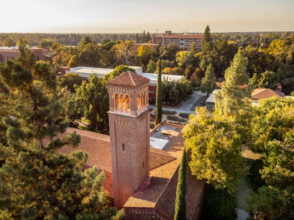 Trinity Hall at Chico State as seen from a drone 