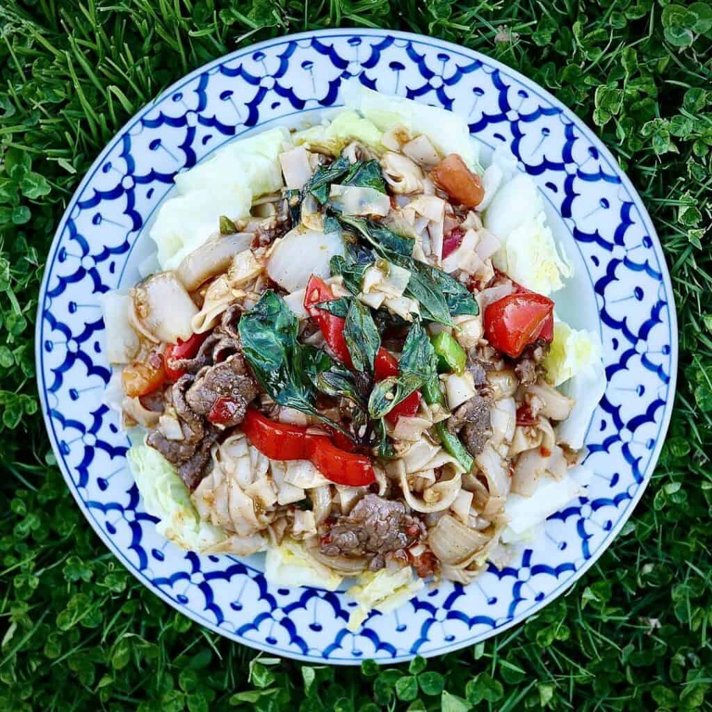 An overhead photo of a bowl of drunken noodles