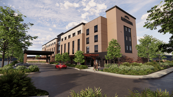 A rendering of the exterior of Hotel Katerina in Chico, California